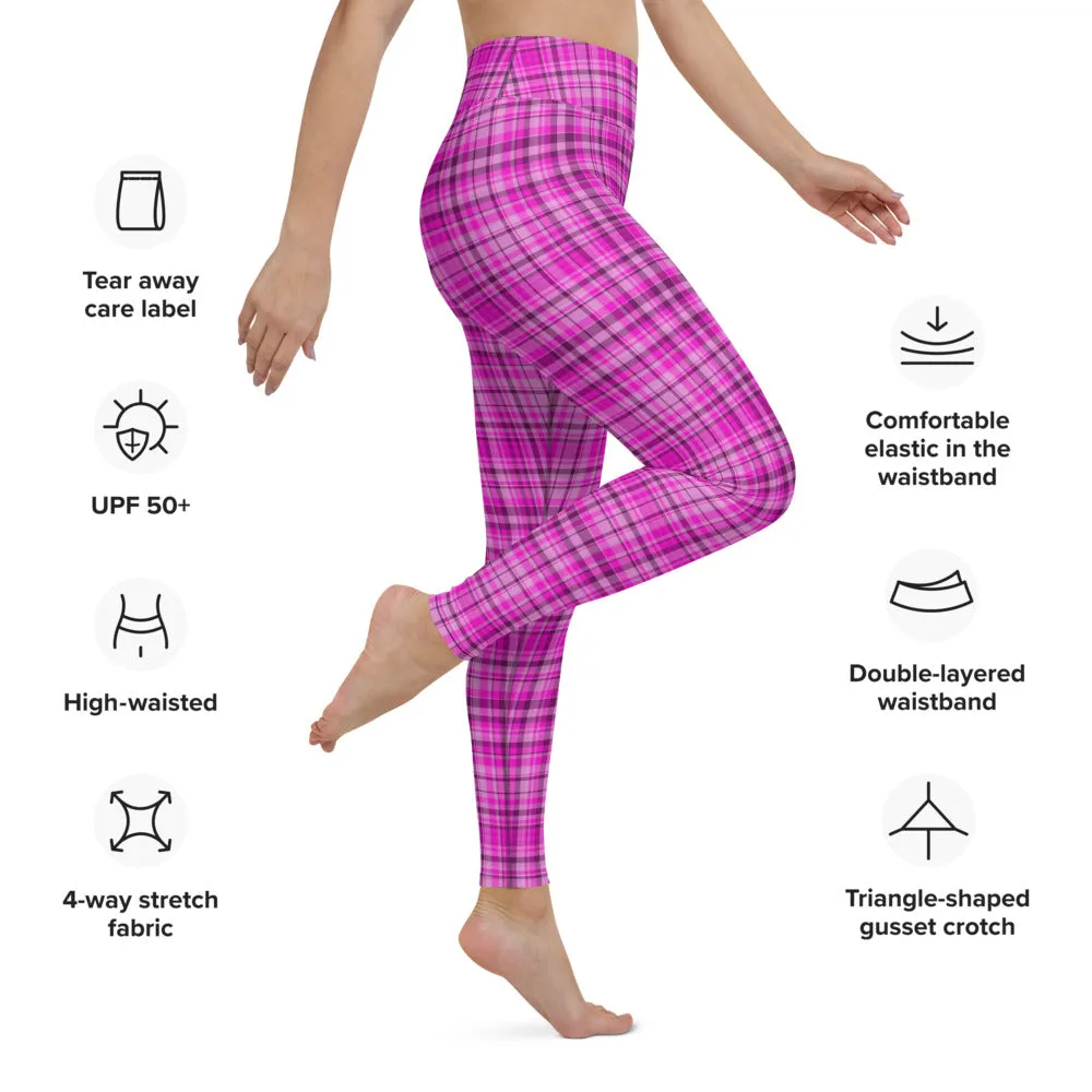 Pink Plaid Print Yoga Leggings, Tartan Scottish Style Classic Women's Long Yoga Pants - Made in USA/EU