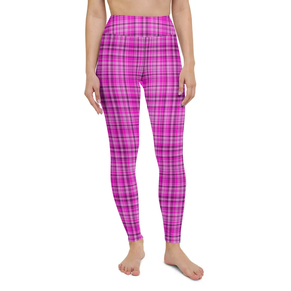 Pink Plaid Print Yoga Leggings, Tartan Scottish Style Classic Women's Long Yoga Pants - Made in USA/EU