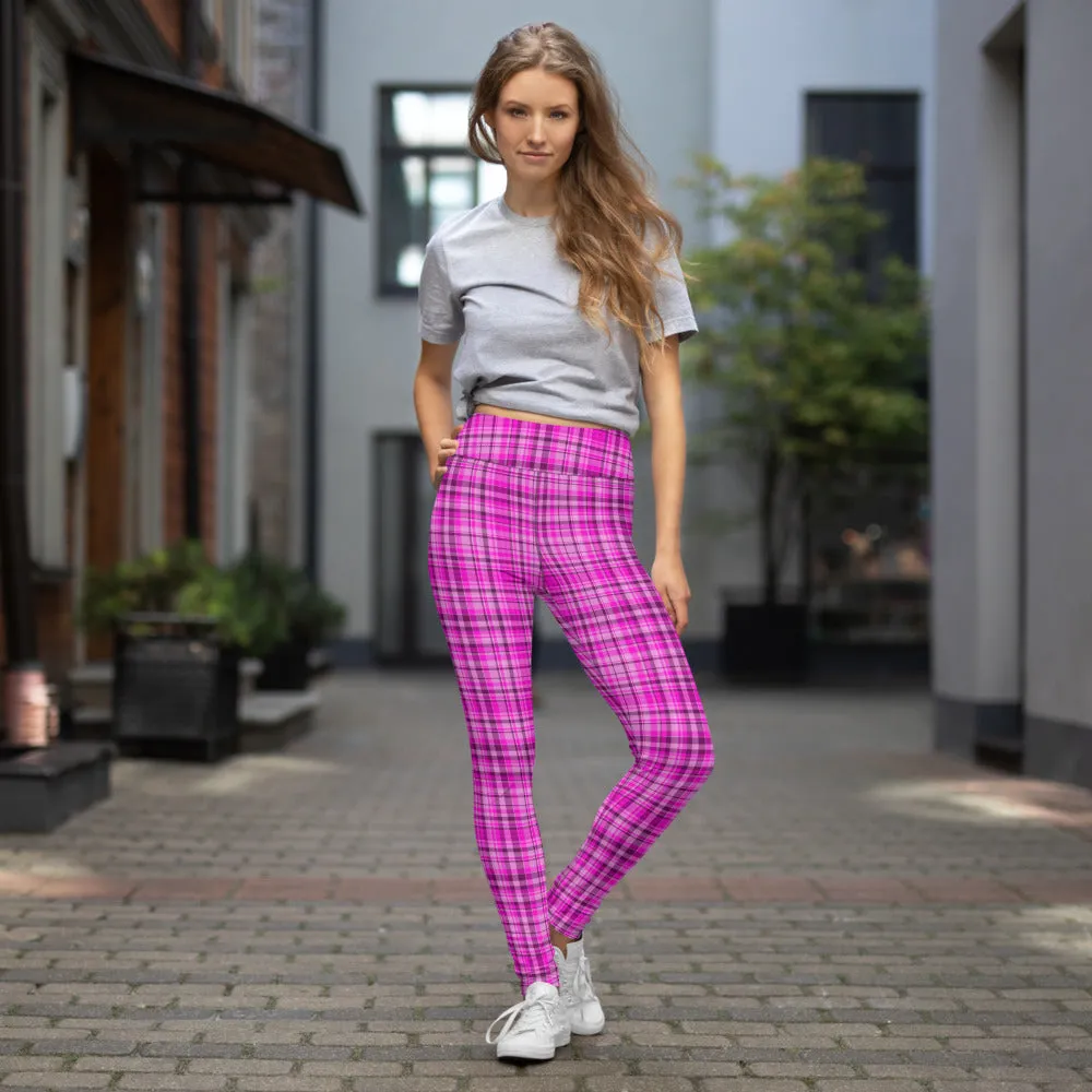 Pink Plaid Print Yoga Leggings, Tartan Scottish Style Classic Women's Long Yoga Pants - Made in USA/EU