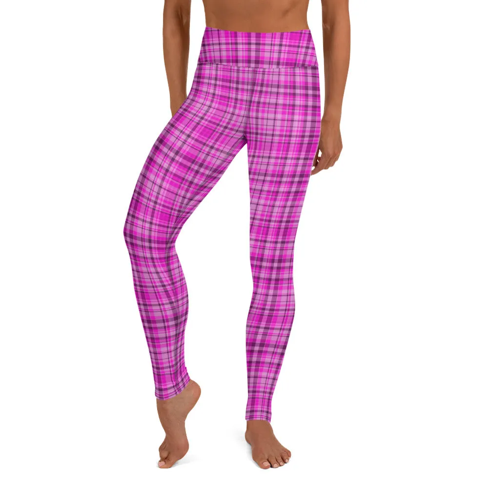 Pink Plaid Print Yoga Leggings, Tartan Scottish Style Classic Women's Long Yoga Pants - Made in USA/EU