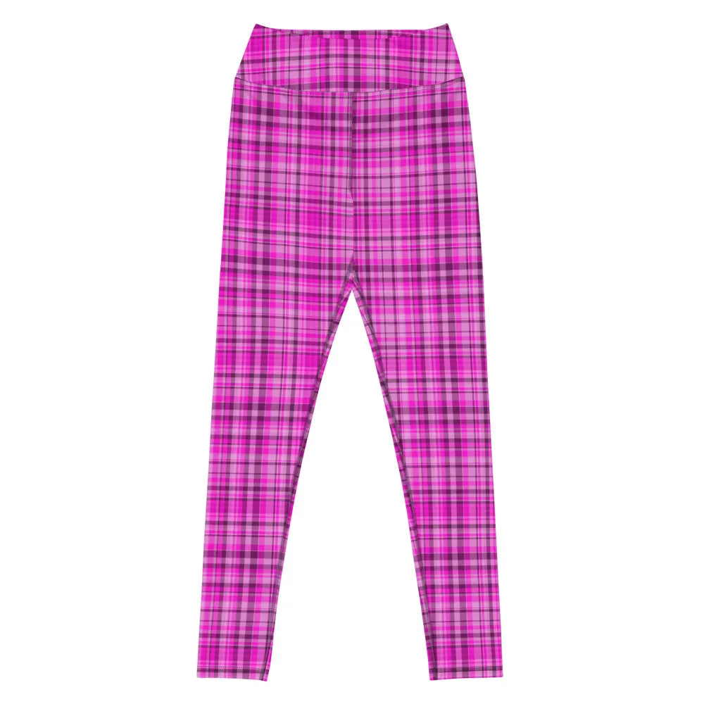 Pink Plaid Print Yoga Leggings, Tartan Scottish Style Classic Women's Long Yoga Pants - Made in USA/EU