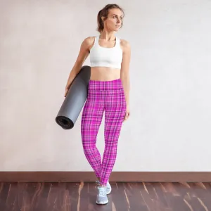 Pink Plaid Print Yoga Leggings, Tartan Scottish Style Classic Women's Long Yoga Pants - Made in USA/EU