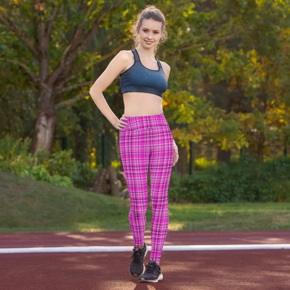 Pink Plaid Print Yoga Leggings, Tartan Scottish Style Classic Women's Long Yoga Pants - Made in USA/EU
