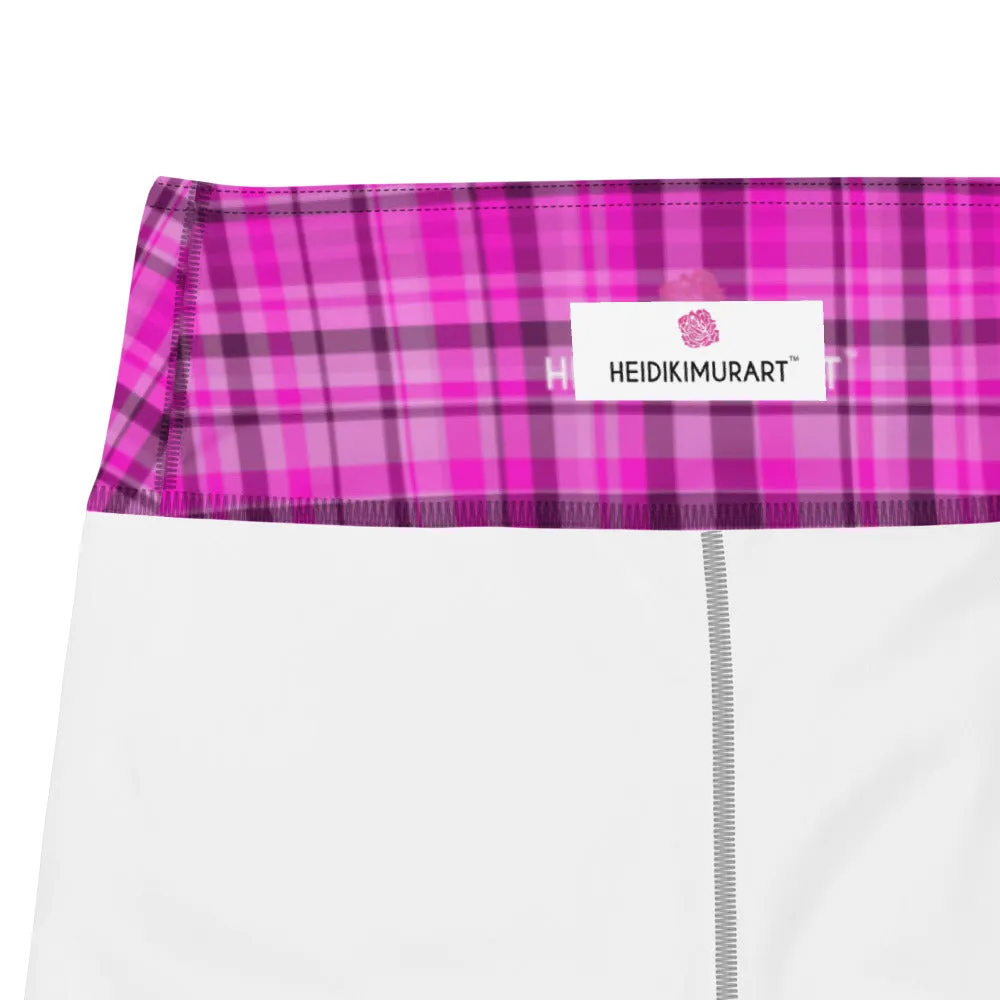 Pink Plaid Print Yoga Leggings, Tartan Scottish Style Classic Women's Long Yoga Pants - Made in USA/EU