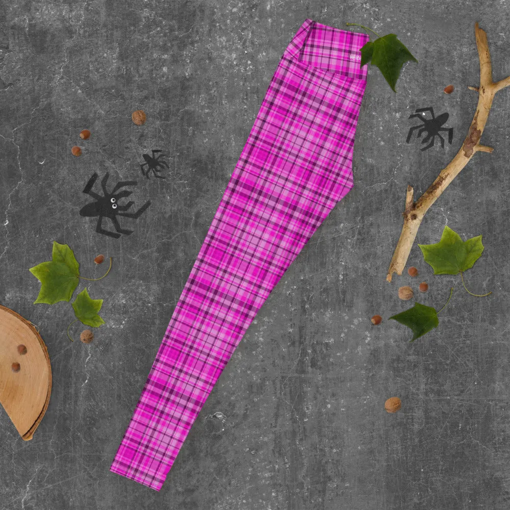 Pink Plaid Print Yoga Leggings, Tartan Scottish Style Classic Women's Long Yoga Pants - Made in USA/EU
