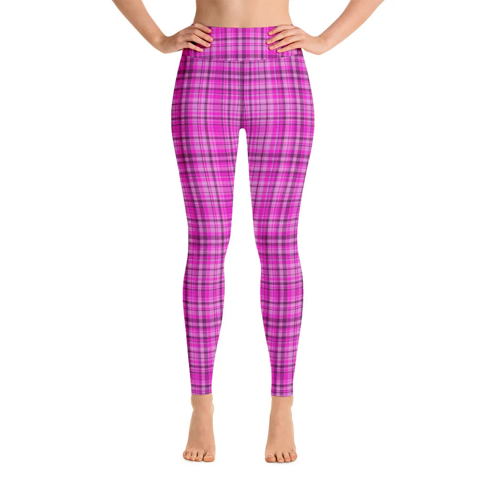 Pink Plaid Print Yoga Leggings, Tartan Scottish Style Classic Women's Long Yoga Pants - Made in USA/EU