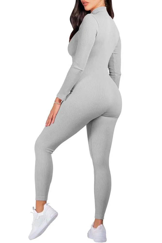 Plain Ribbed Zip Up Seamless Nylon Jumpsuit