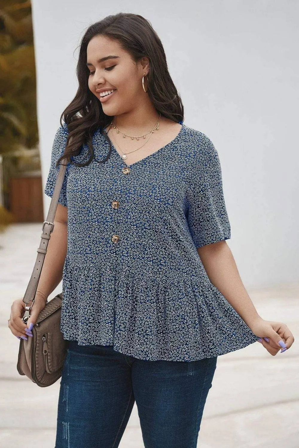 Plus Size Floral Print Short Sleeve Shirt