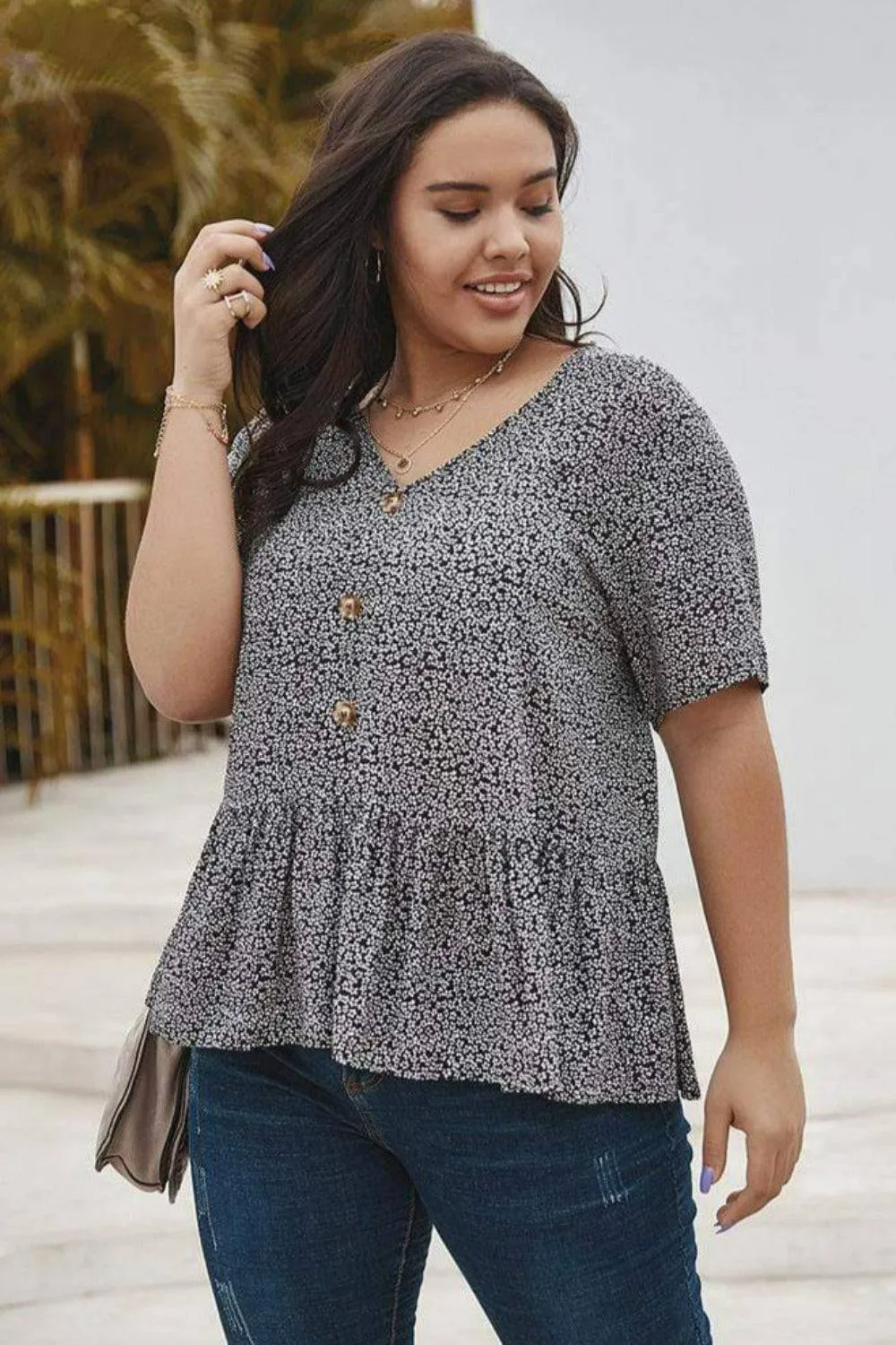 Plus Size Floral Print Short Sleeve Shirt