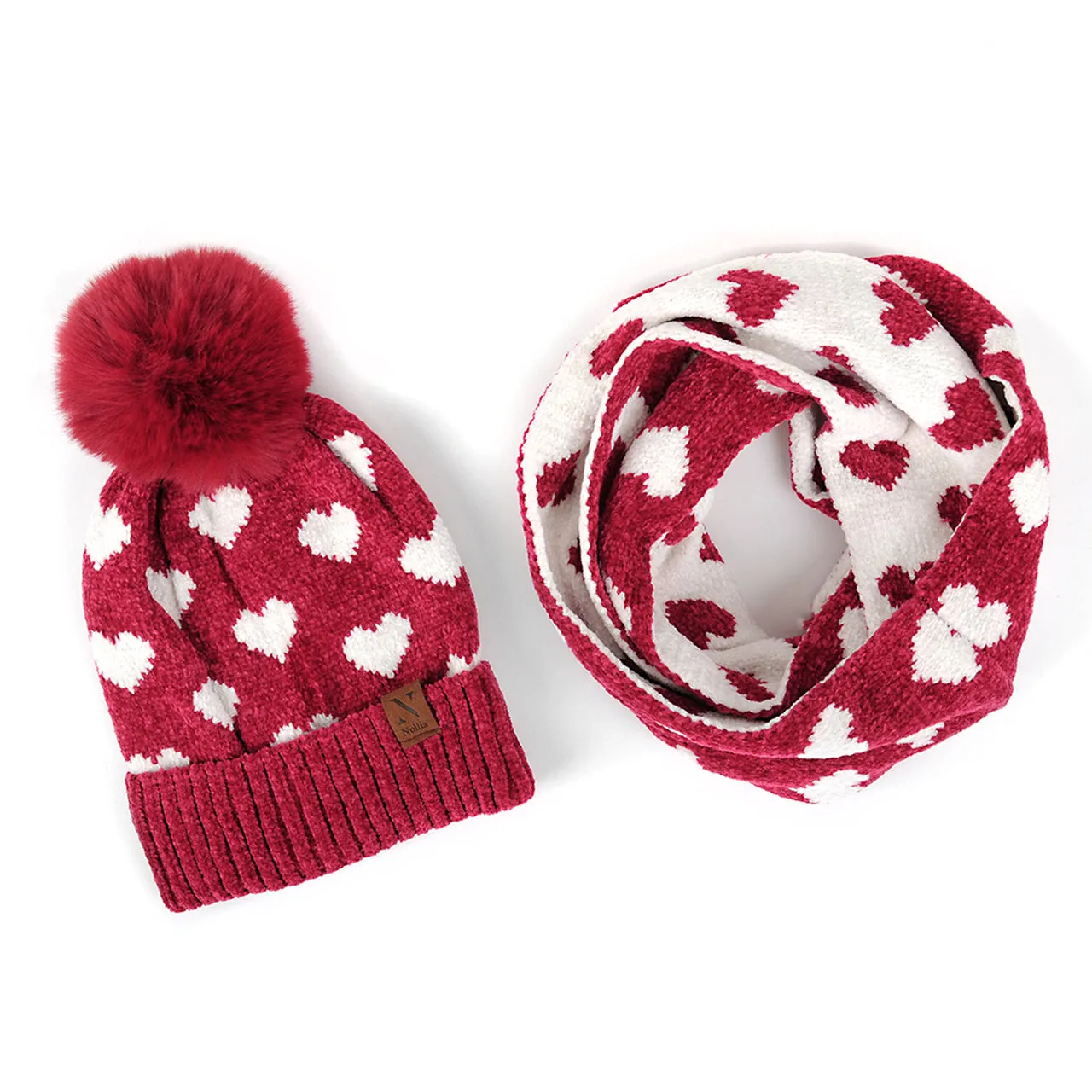 Pom Pom Hearts Winter Hat & Scarf Set