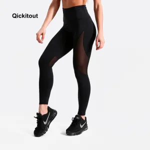 Qickitout High Waist leggings Fashion Solid Color Printed Mesh leggings Fitness Bodybuilding Clothes Body Solid Black Pants