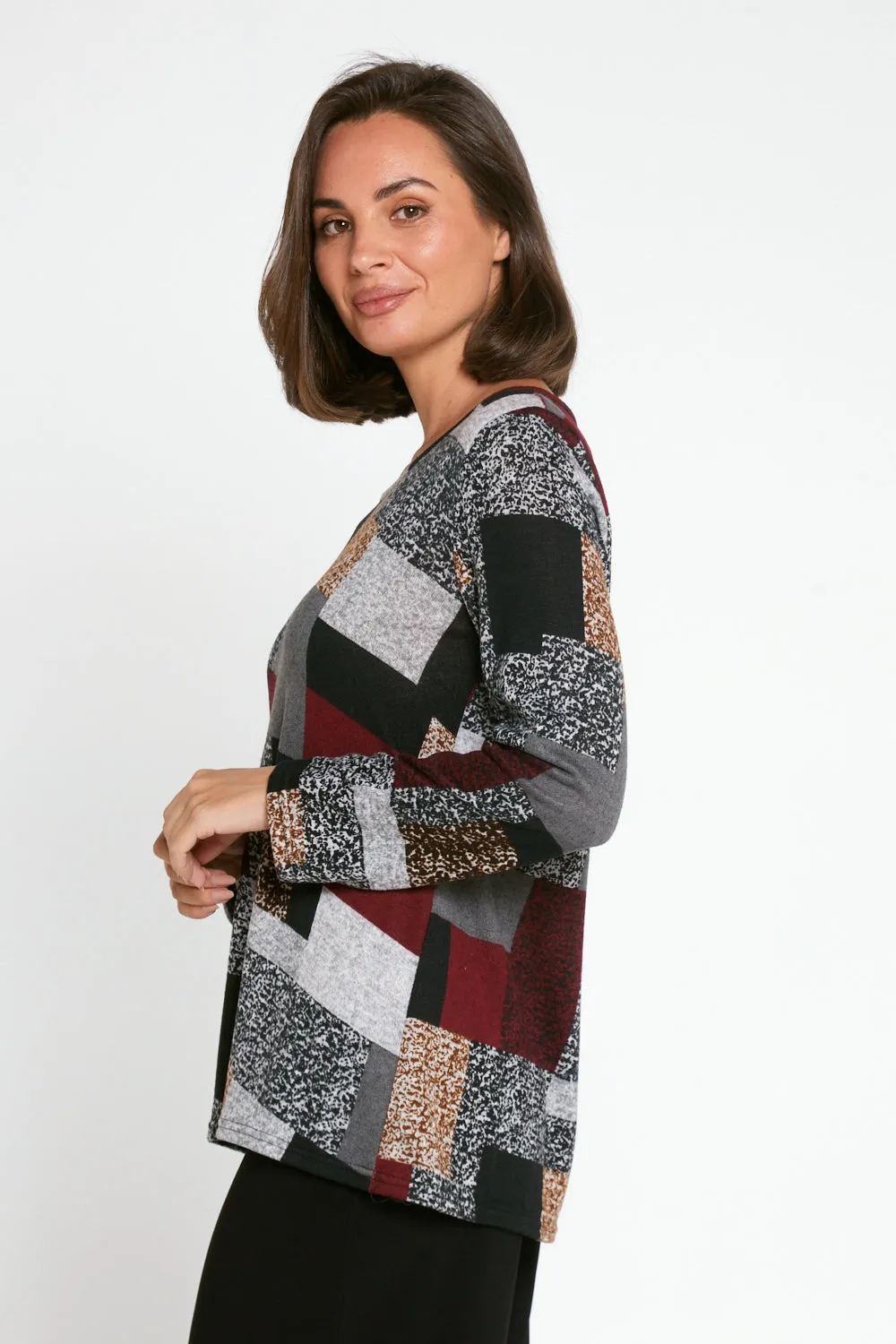 Rory Knit Top - Burgundy/Grey/Black
