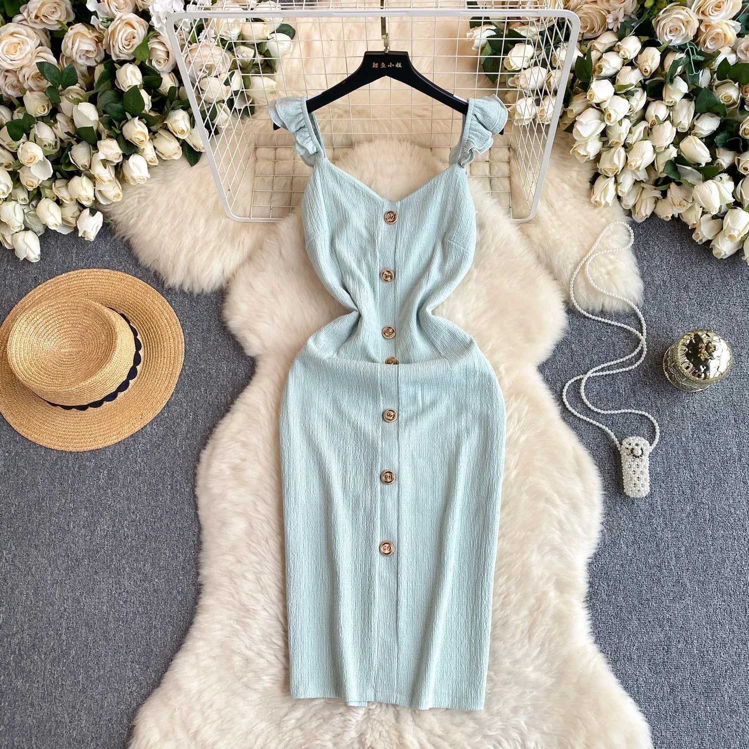Ruffled Sleeve Single-breasted Slip Dress