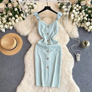 Ruffled Sleeve Single-breasted Slip Dress