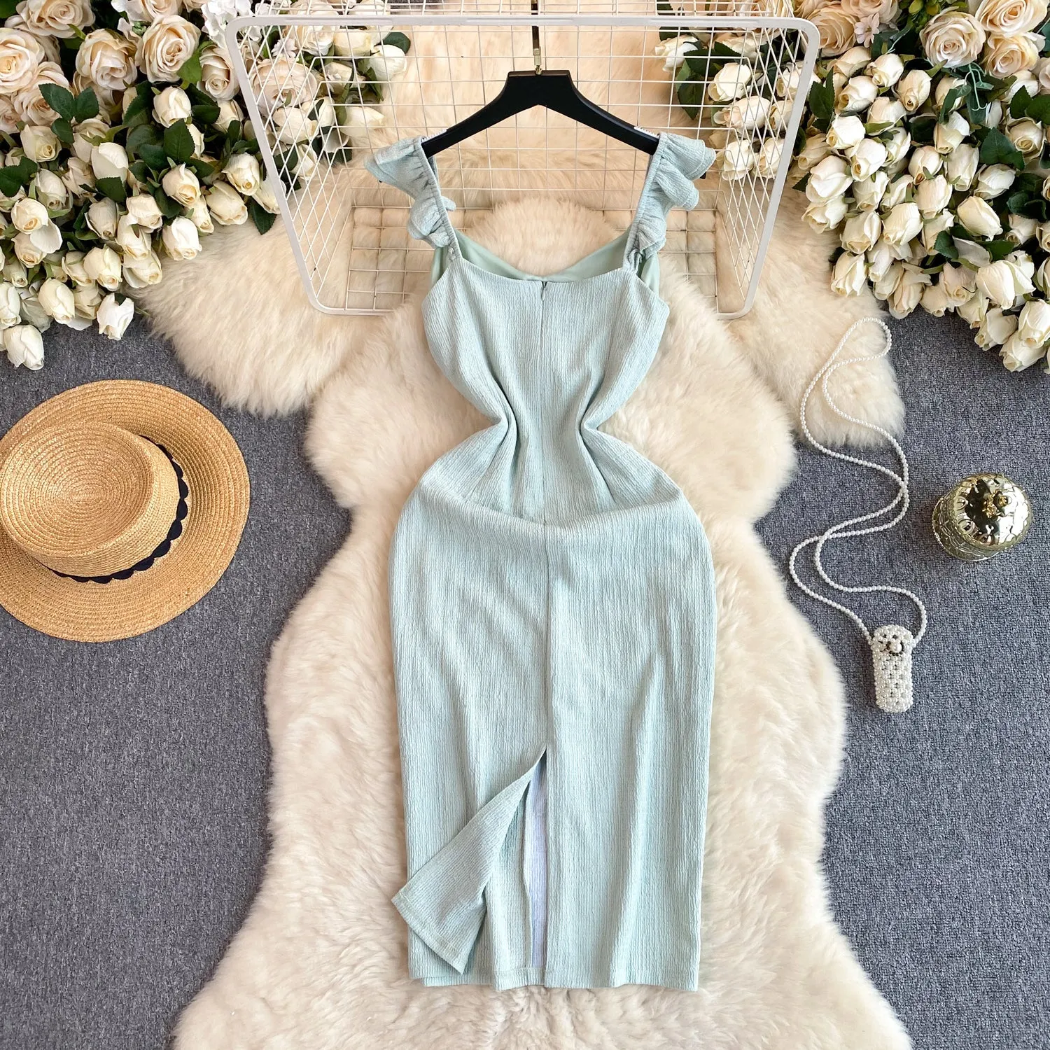 Ruffled Sleeve Single-breasted Slip Dress