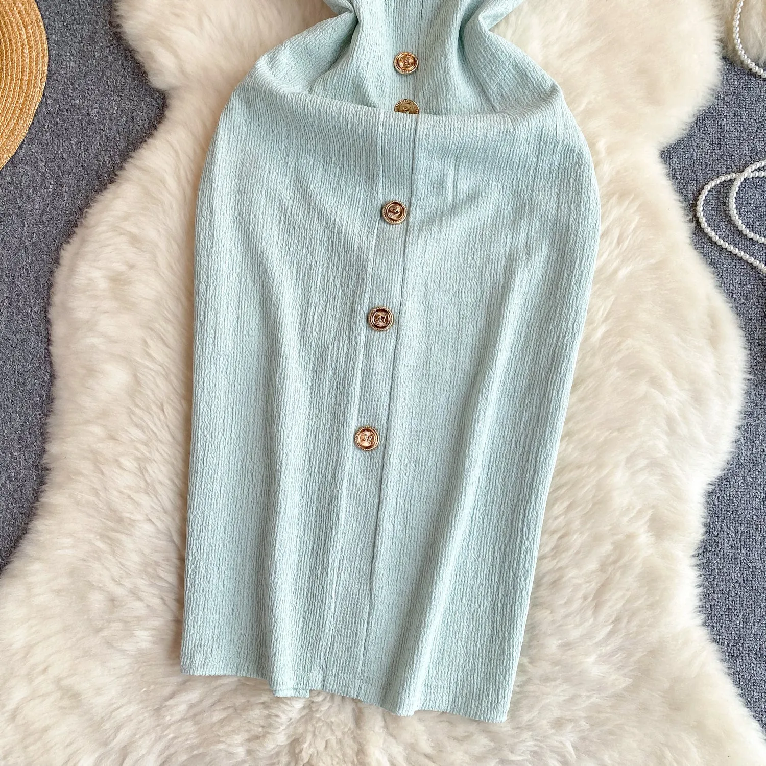 Ruffled Sleeve Single-breasted Slip Dress