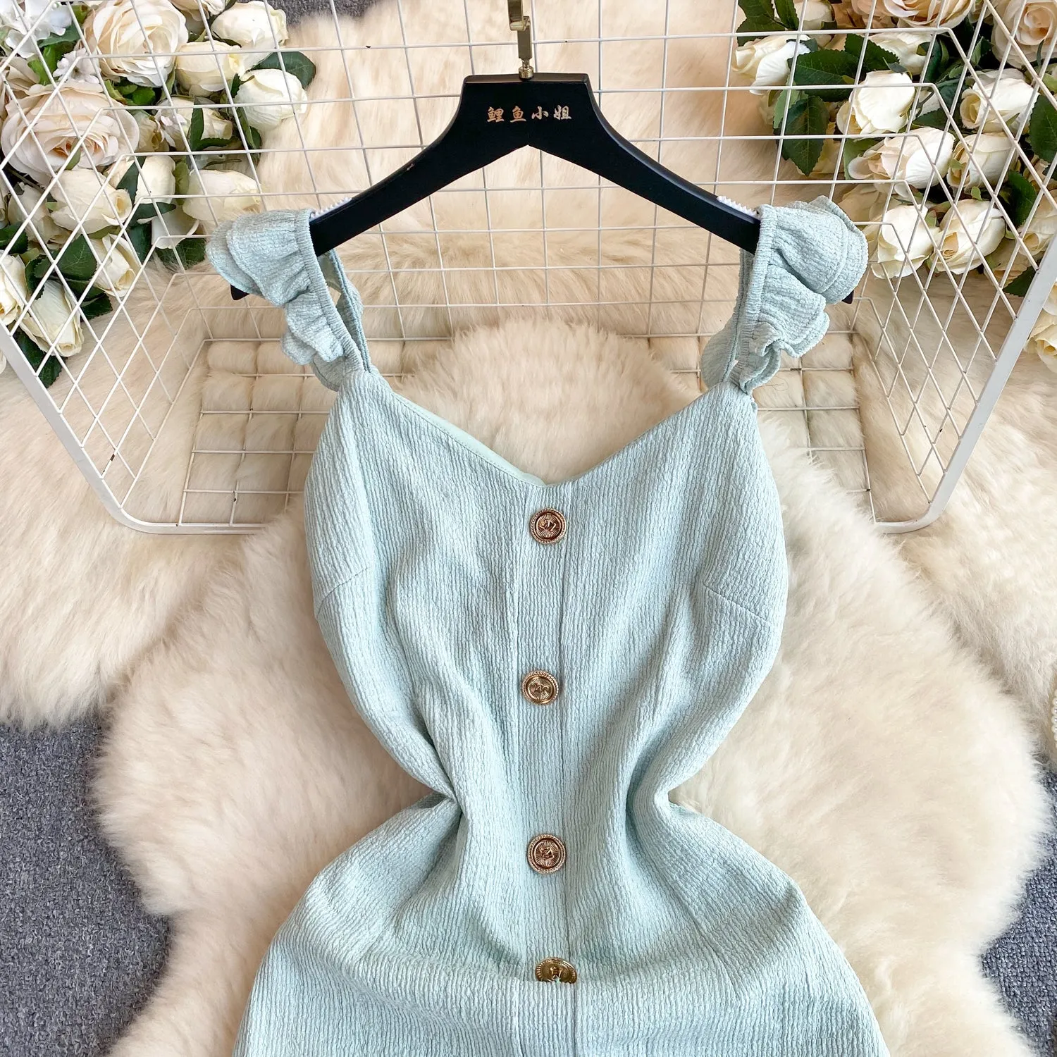 Ruffled Sleeve Single-breasted Slip Dress