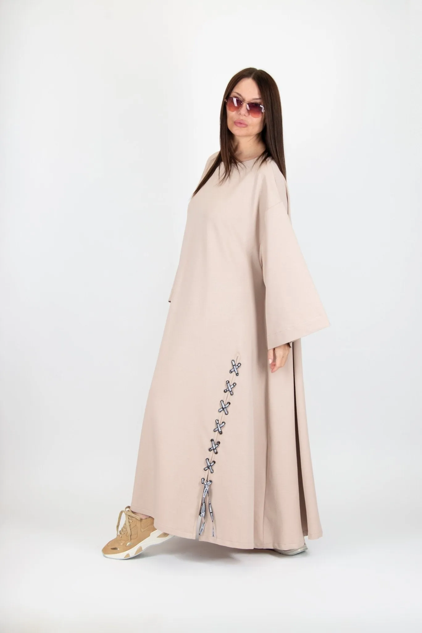 SAVINA Long Beige Dress with 2 sides pocket