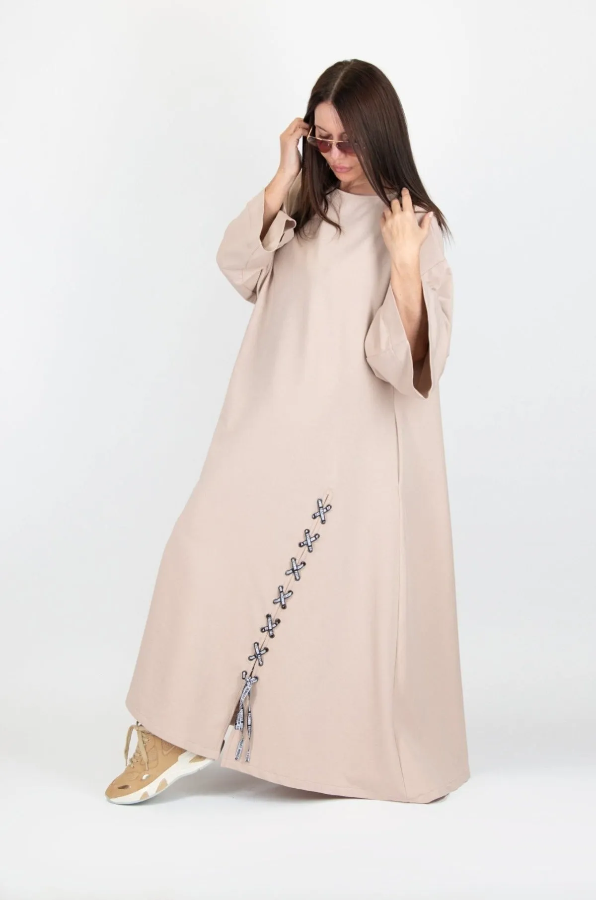 SAVINA Long Beige Dress with 2 sides pocket