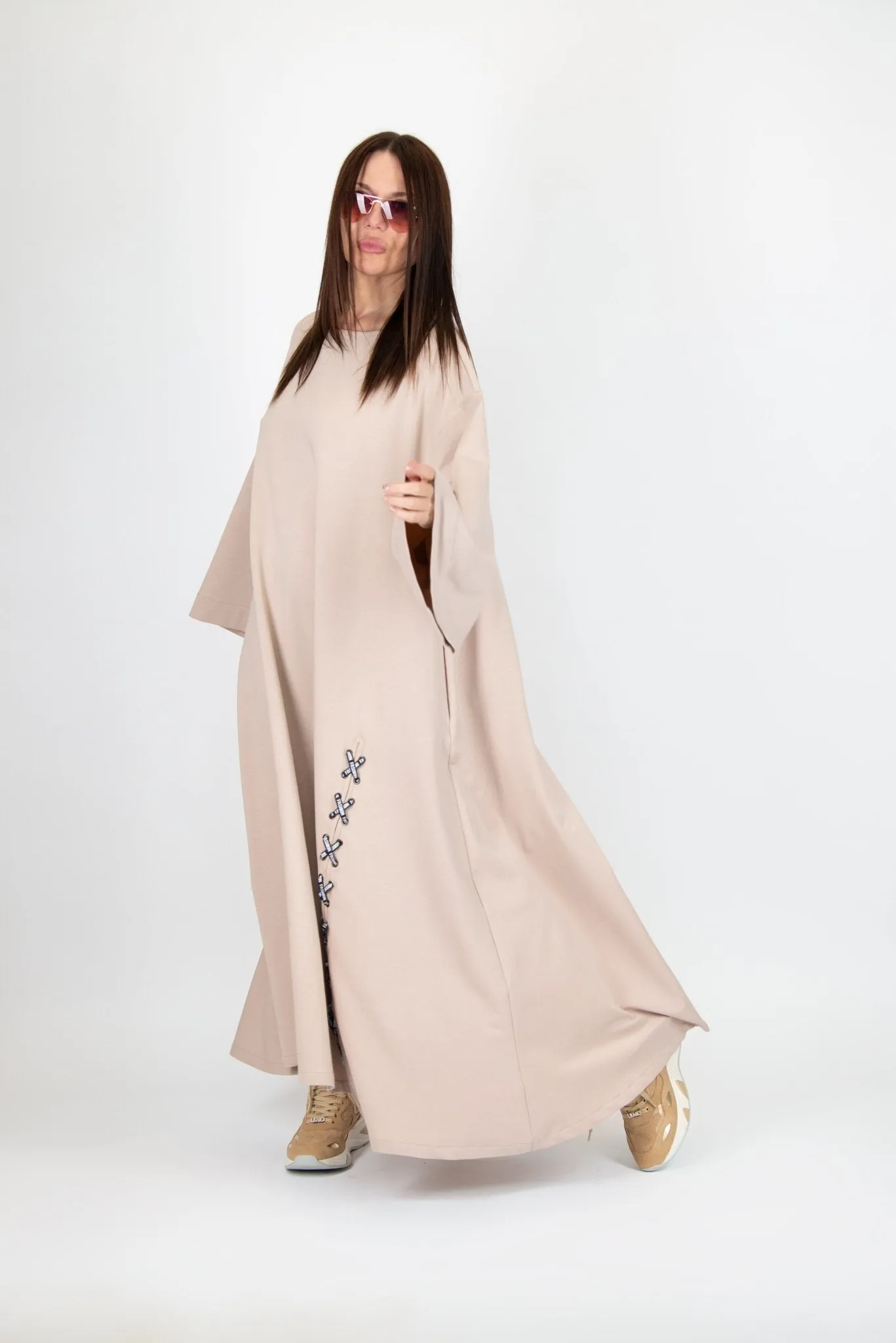 SAVINA Long Beige Dress with 2 sides pocket