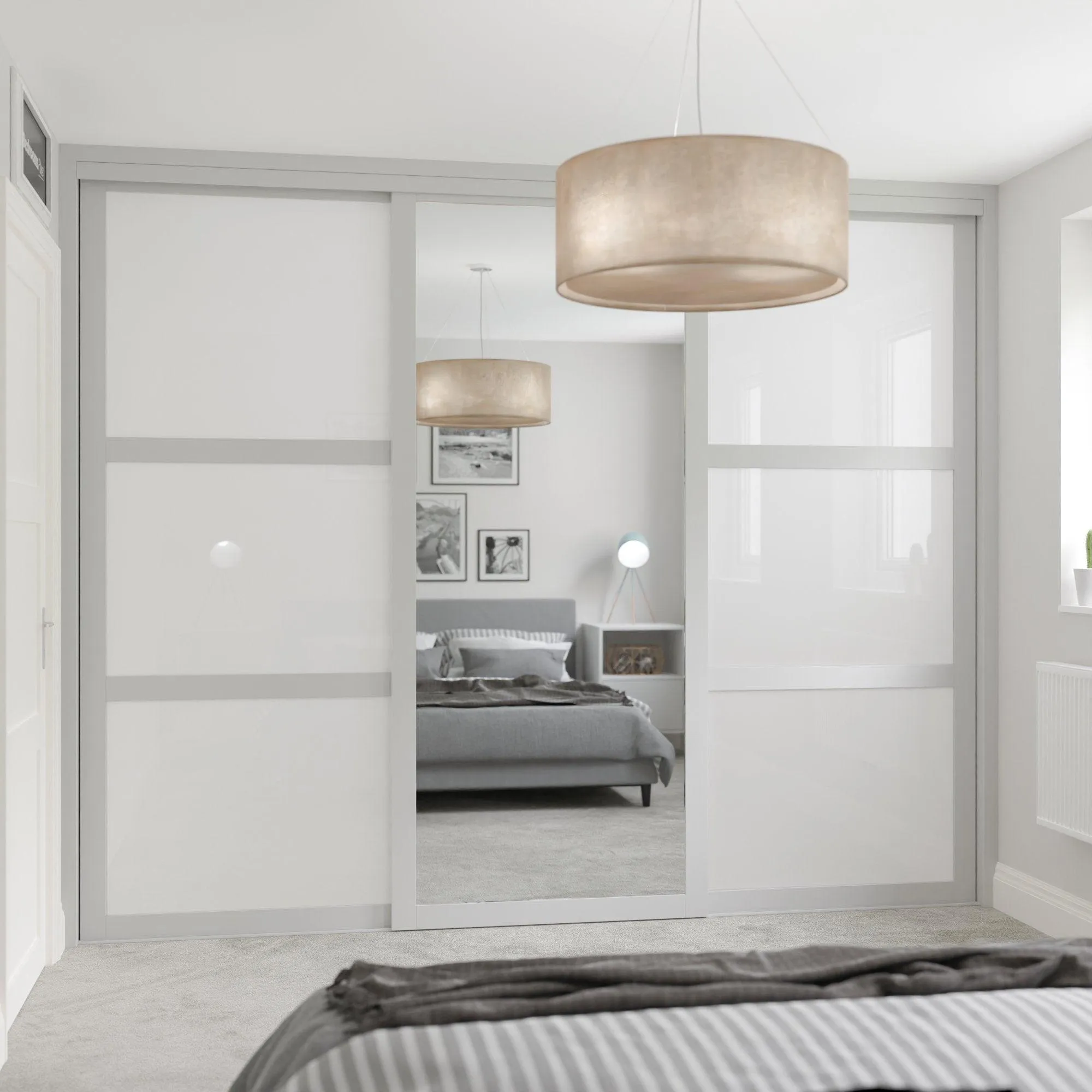 Shaker Light Grey Frame White Glass 3 Door Mirror Sliding Wardrobe Kit