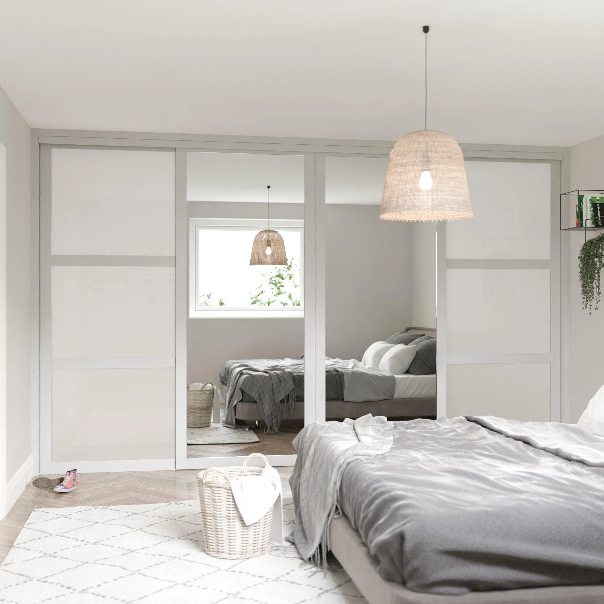Shaker Light Grey Frame White Glass 4 Door Mirror Sliding Wardrobe Kit