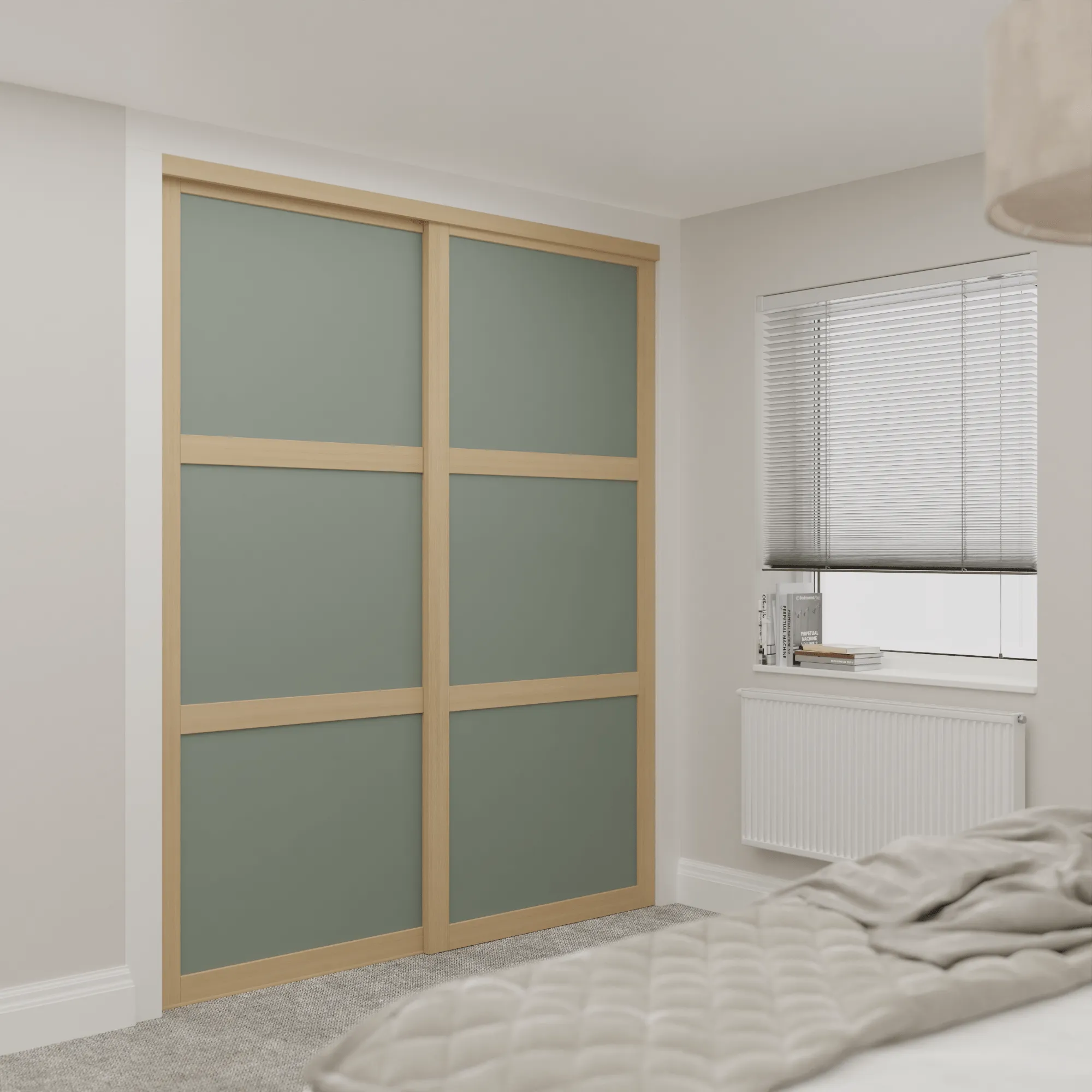 Shaker Light Oak Frame Green Wood 2 Door Sliding Wardrobe Kit