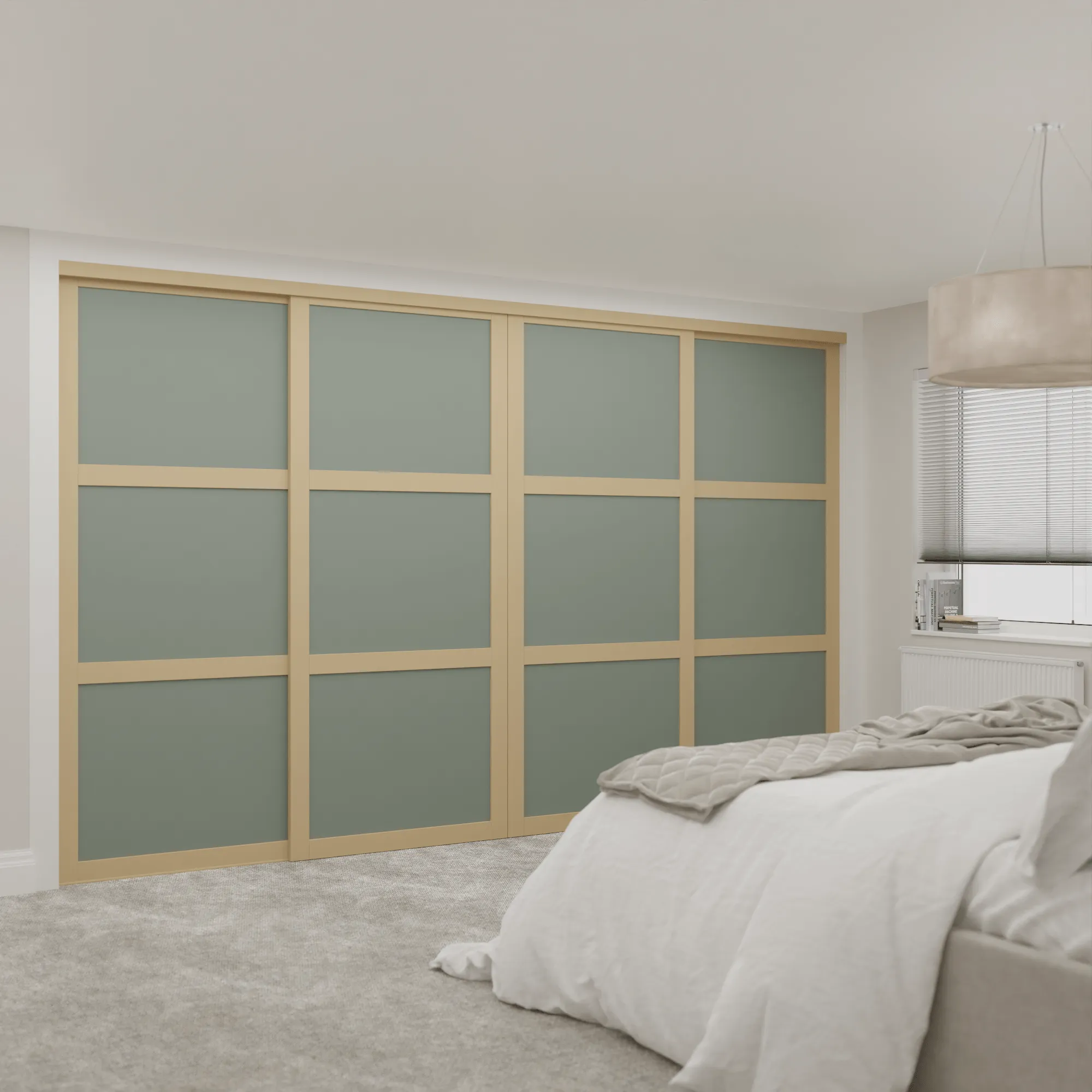 Shaker Light Oak Frame Green Wood 4 Door Sliding Wardrobe Kit