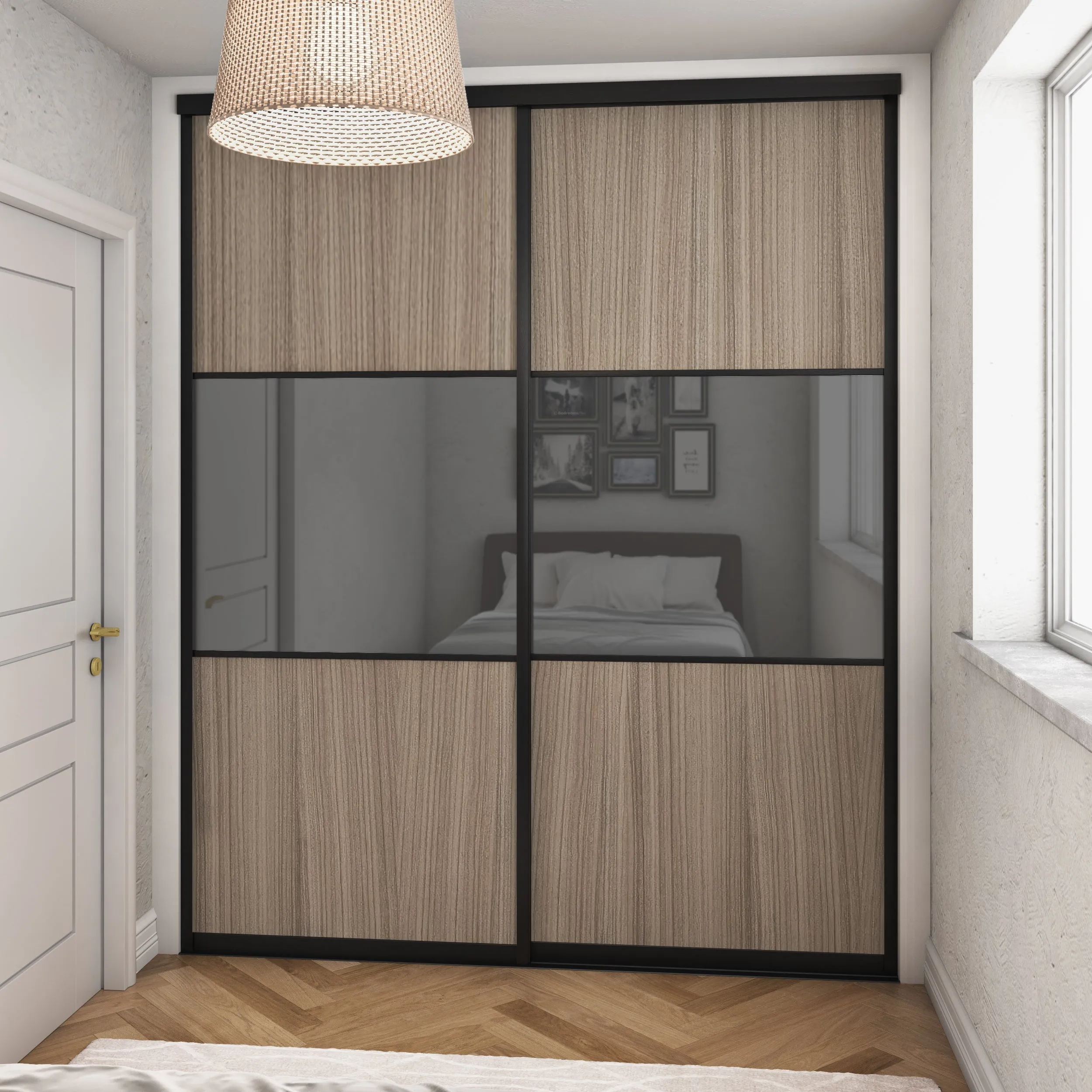 Shorewood Curve Brushed Black Frame 2 Doors Grey Mirror Sliding Wardrobe Kit