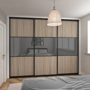 Shorewood Curve Brushed Black Frame 3 Doors Grey Mirror Sliding Wardrobe Kit