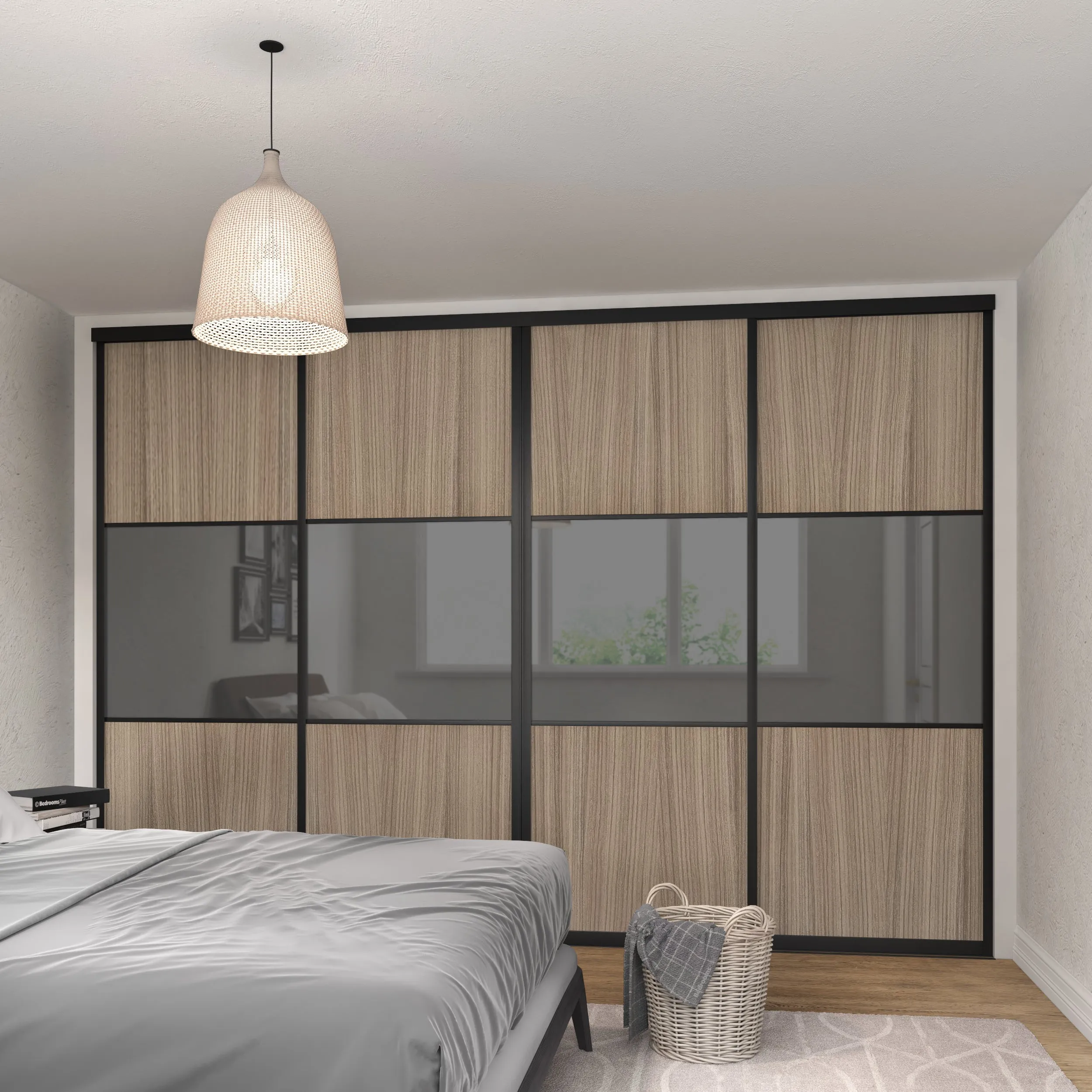 Shorewood Curve Brushed Black Frame 4 Doors Grey Mirror Sliding Wardrobe Kit