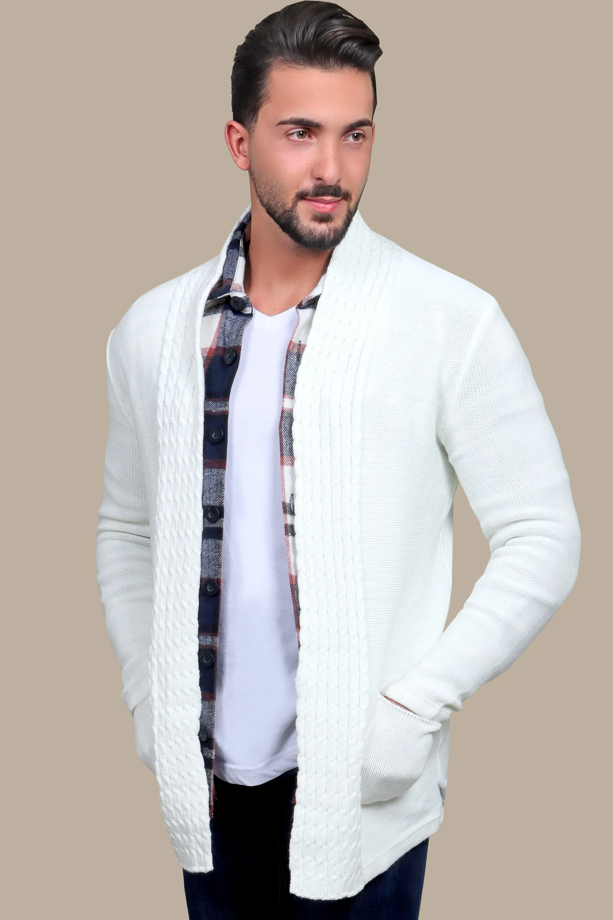Snowfall Elegance: White Long Cardigan with Braided Collar