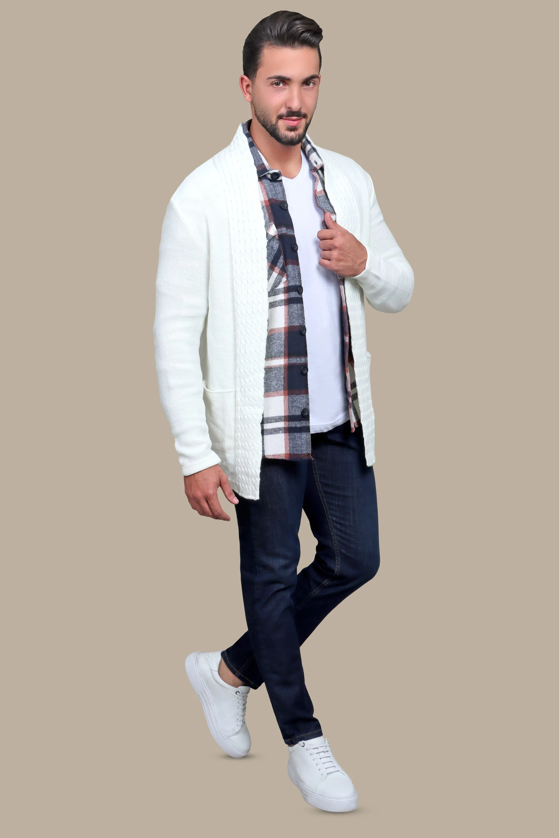 Snowfall Elegance: White Long Cardigan with Braided Collar