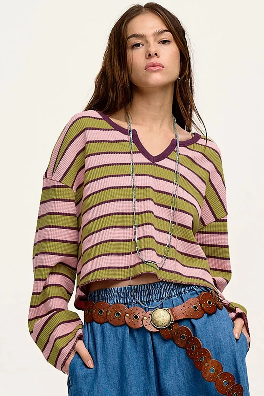 Spinach Green Striped V-Neck Rib-knit Pullover Top