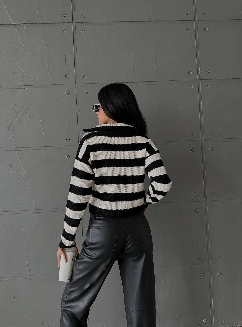 Streifen Strick Pullover mit Reißverschluss