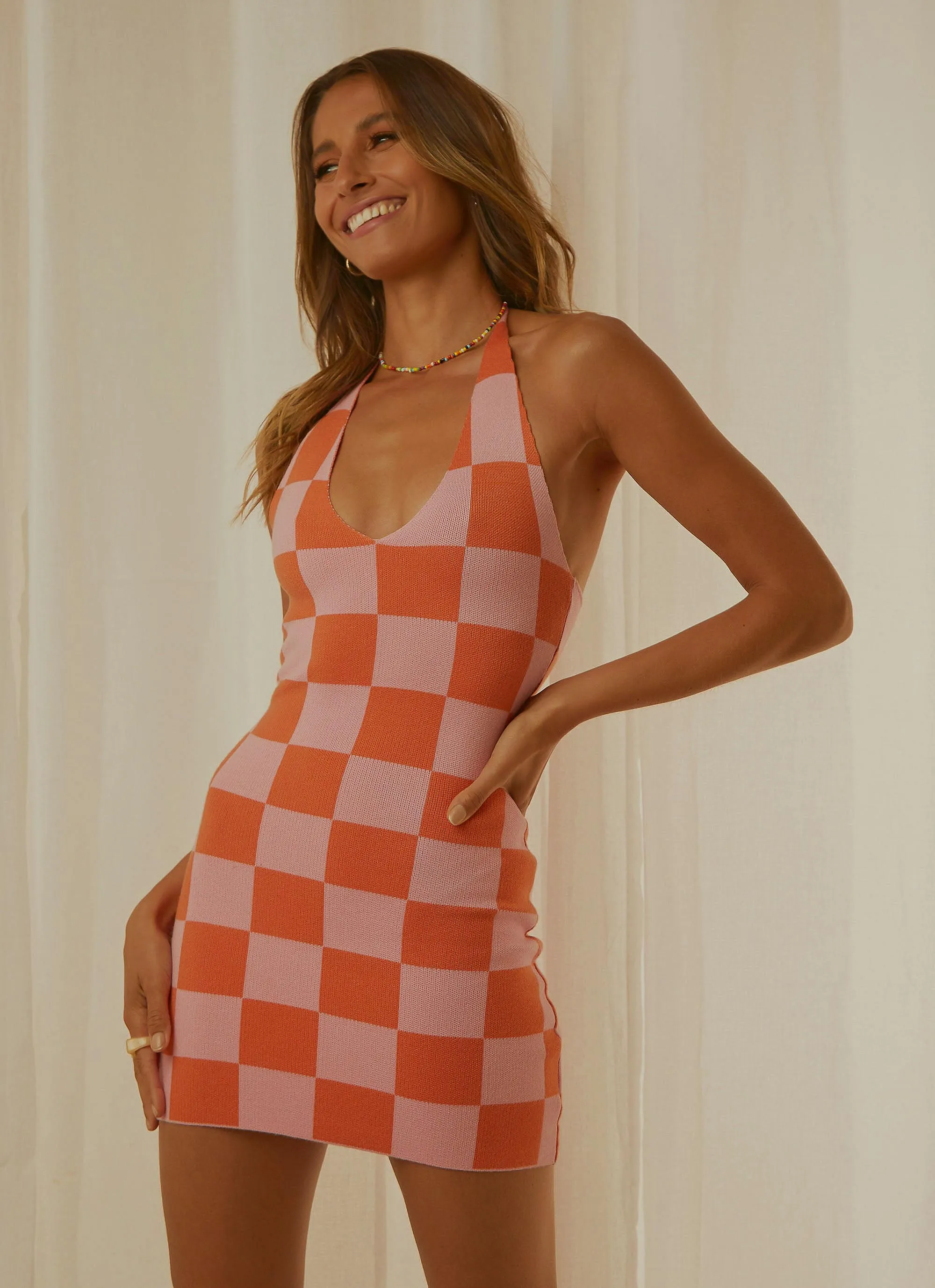 The Groove Knit Halter Dress - Pink and Orange Checkers