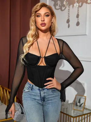 Tie Back Split Cuff Ruched Mesh Top