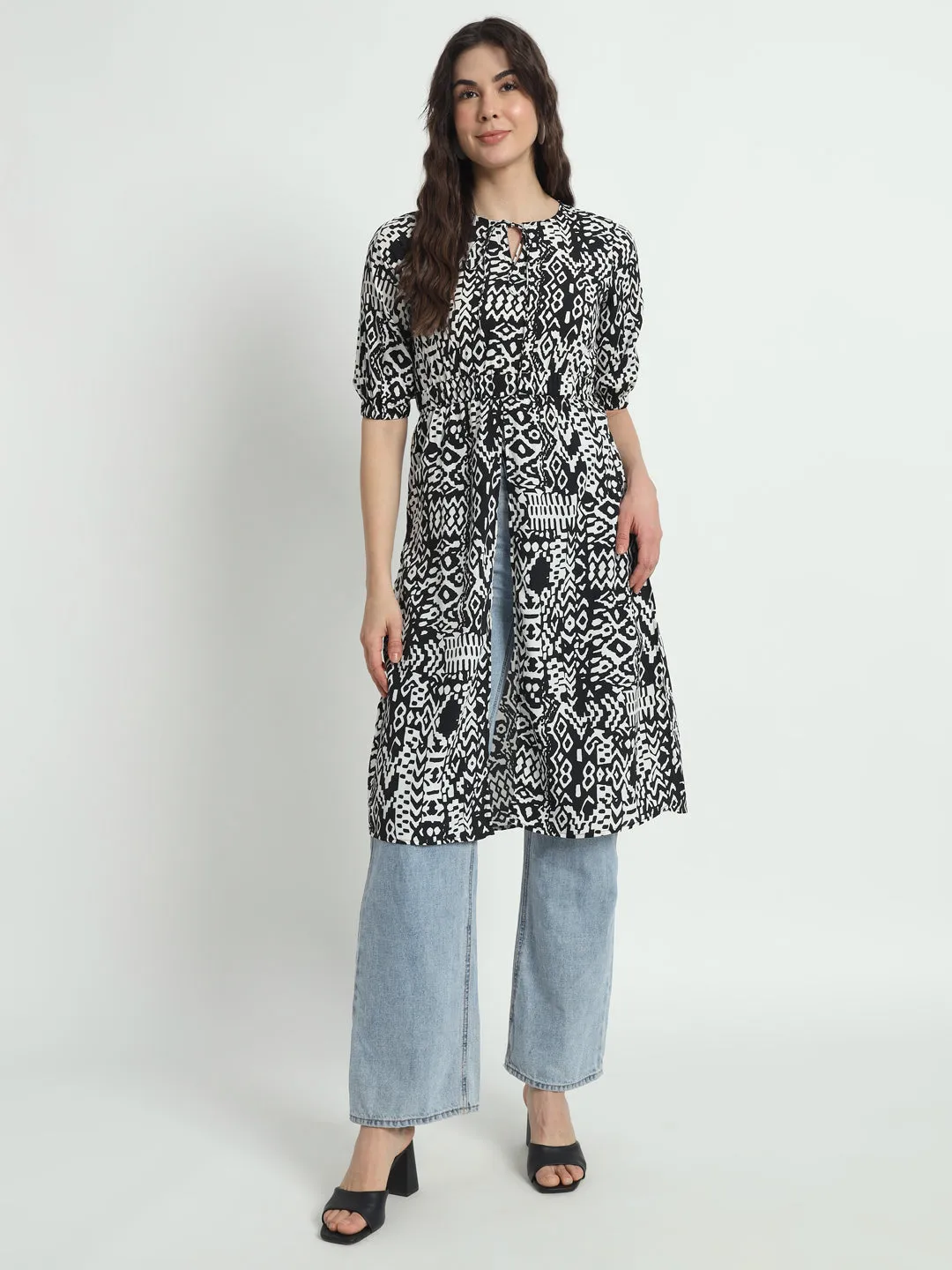 Tie-Up Neck Puff Sleeves Animal Print Longline Kurti