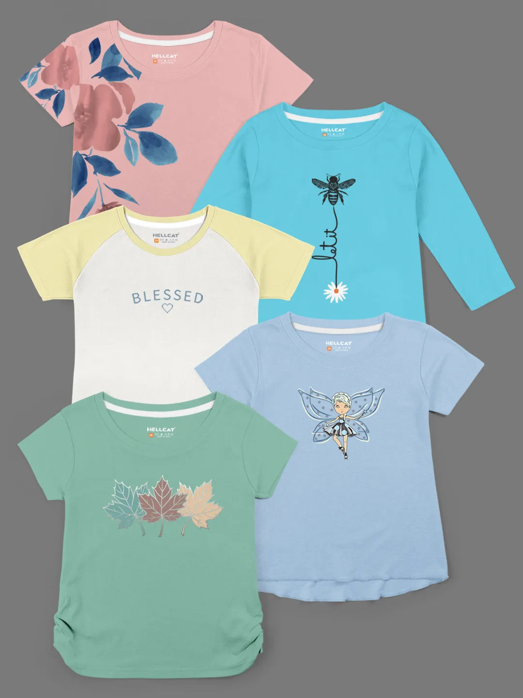 Trendy Printed Round Neck with Short Sleeve /Long Sleeve Multi colour Tshirts for Girls - Pack of 5