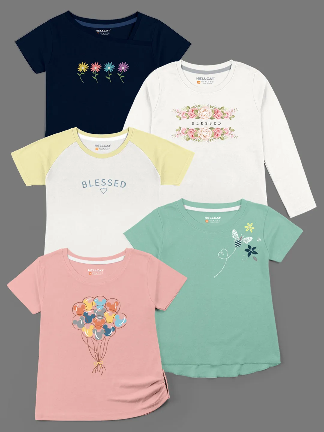 Trendy Printed Round Neck with Short Sleeve /Long Sleeve Multi colour Tshirts for Girls - Pack of 5