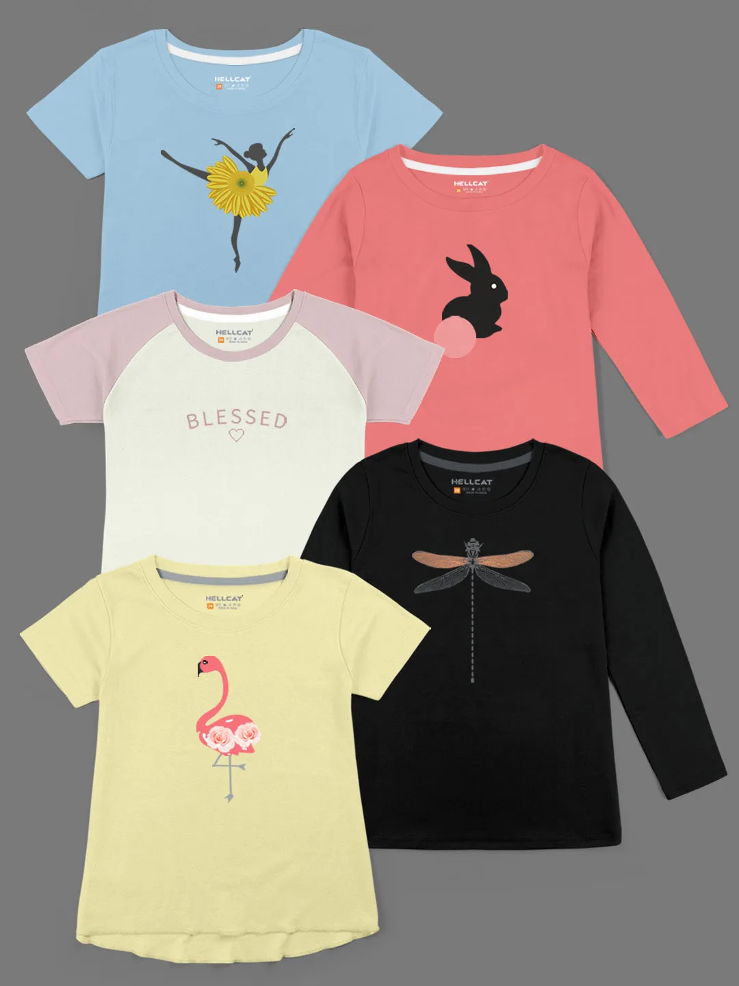 Trendy Printed Round Neck with Short Sleeve /Long Sleeve Multi colour Tshirts for Girls - Pack of 5