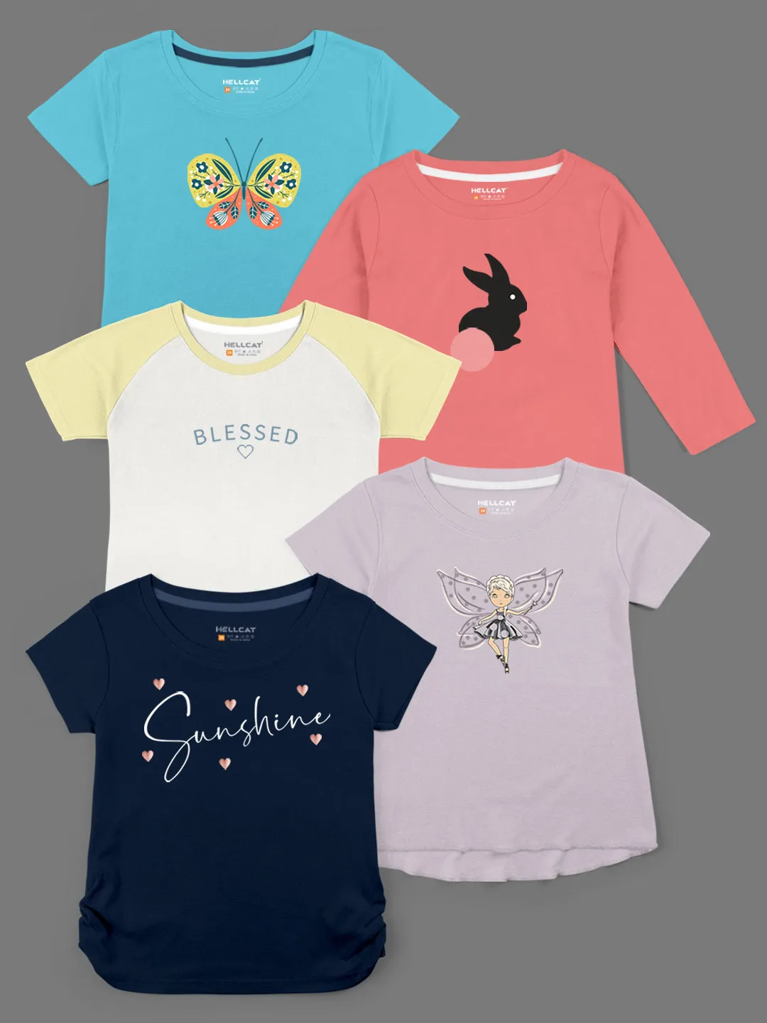 Trendy Printed Round Neck with Short Sleeve /Long Sleeve Multi colour Tshirts for Girls - Pack of 5