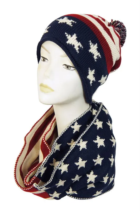 Vintage Red White & Blue American Flag Knit Pom Pom Beanie Hat