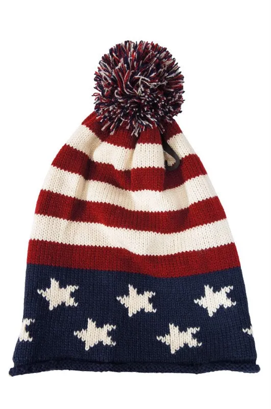 Vintage Red White & Blue American Flag Knit Pom Pom Beanie Hat