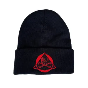 VITUS SKULL RED ON BLACK EMBROIDERED KNIT HAT