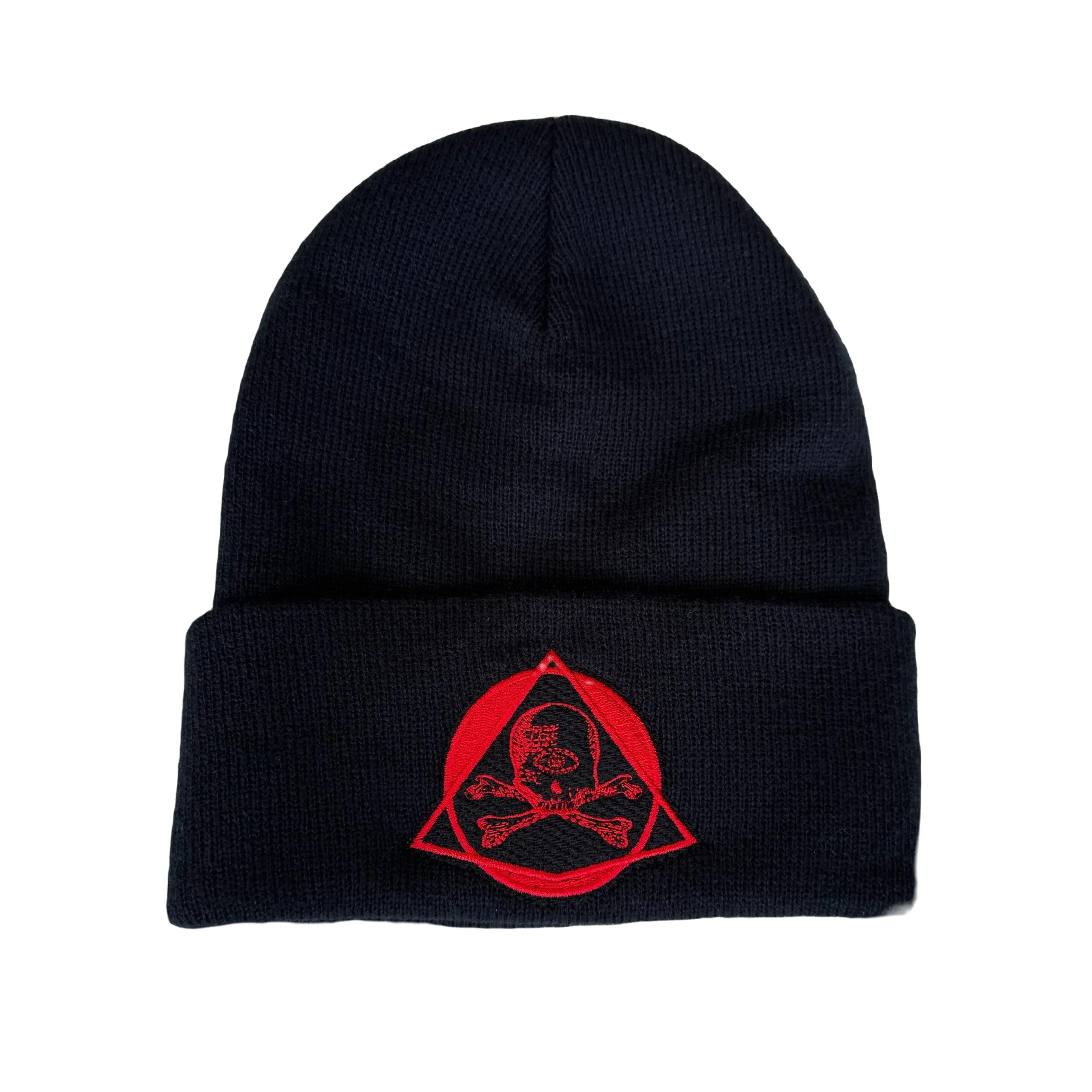 VITUS SKULL RED ON BLACK EMBROIDERED KNIT HAT