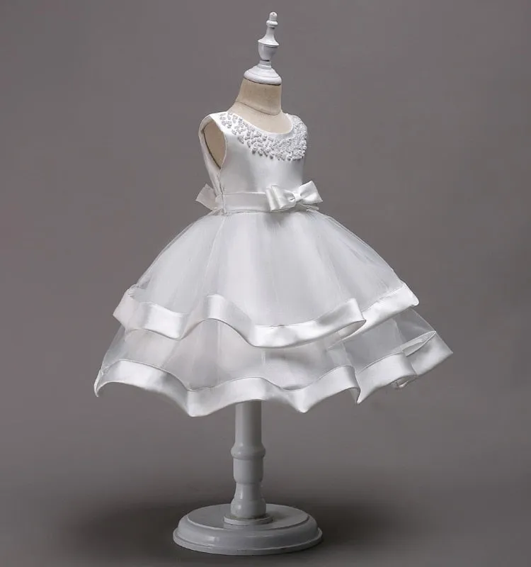 White Two Tier Beaded Dress, Size 3-10Yrs