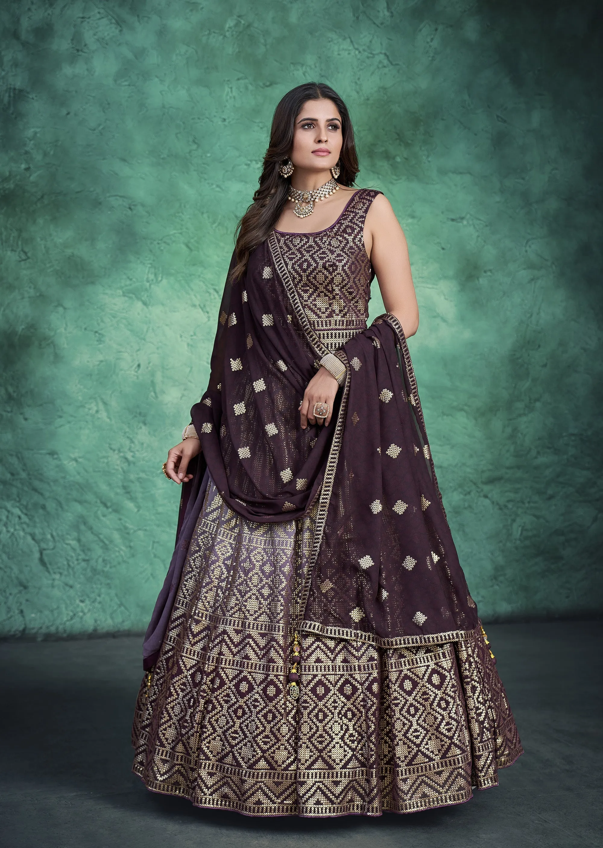 Wine Resham Embroidery Faux Georgette Anarkali for Sangeet