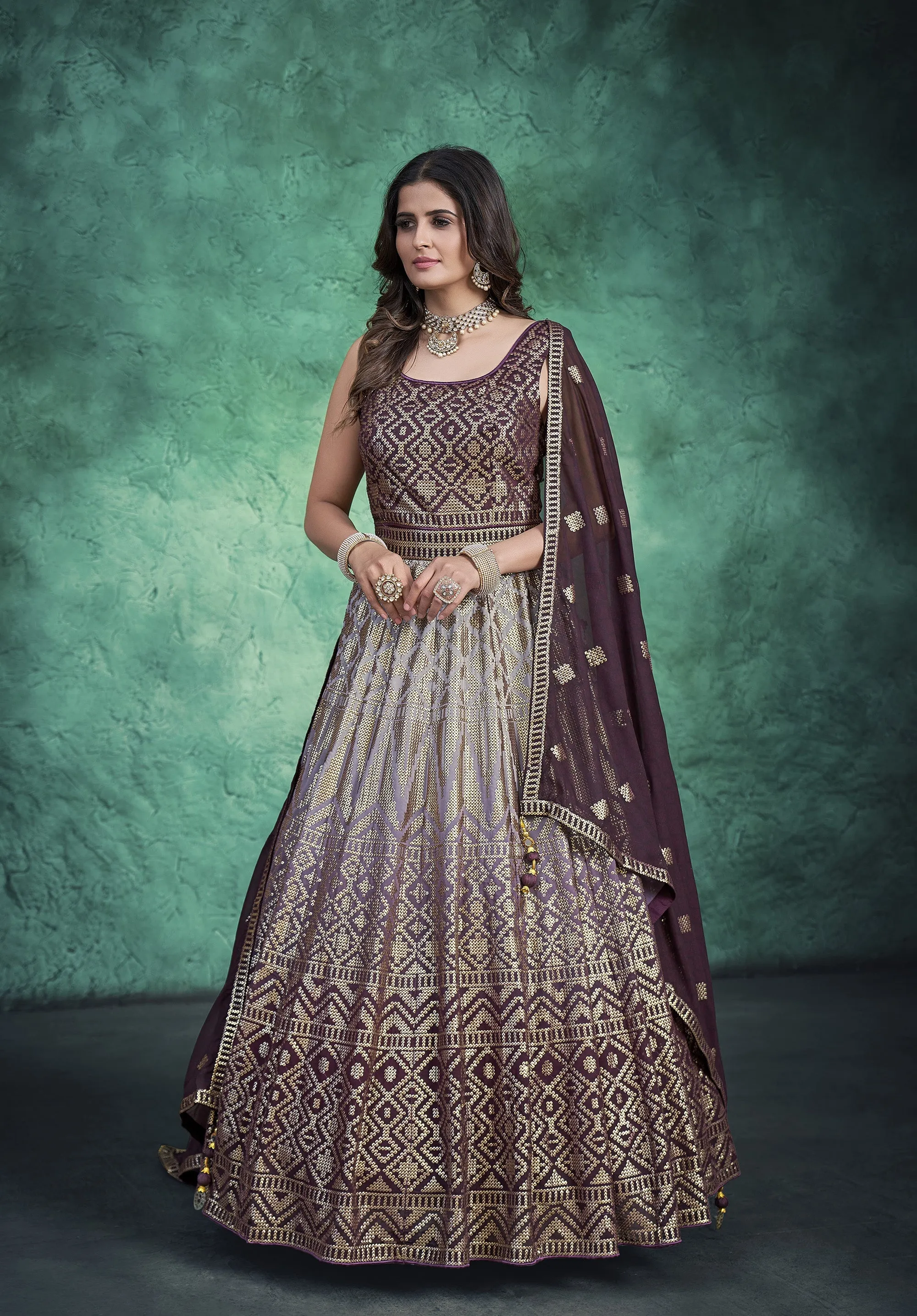 Wine Resham Embroidery Faux Georgette Anarkali for Sangeet