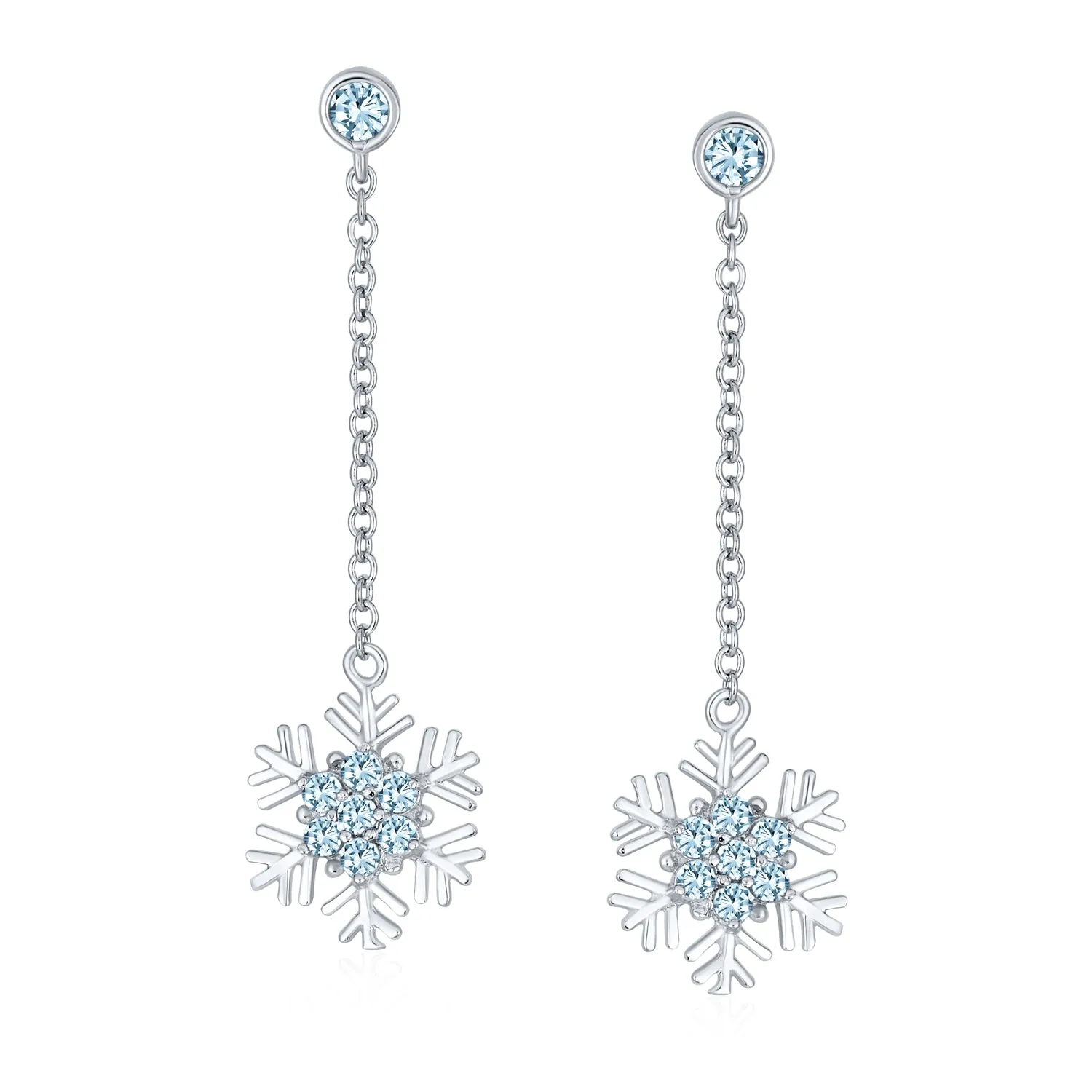 Winter Ice Blue Cubic Zirconia Snowflake Dangle Chandelier Earrings Sterling Silver